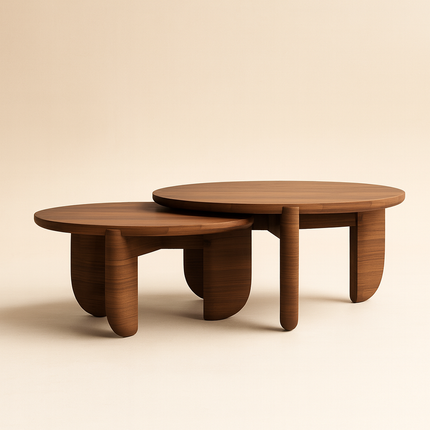 Ob Sculptural Mid Century Japandi Coffee Table – Organic Round Solid Wood Top with Cylindrical Legs – Timeless Designer Centerpiece for Living Room