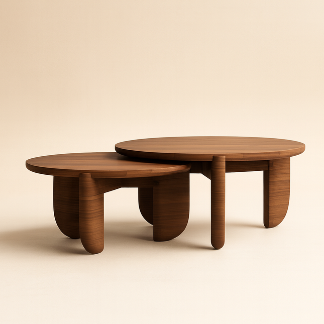 Ob Sculptural Mid Century Japandi Coffee Table – Organic Round Solid Wood Top with Cylindrical Legs – Timeless Designer Centerpiece for Living Room