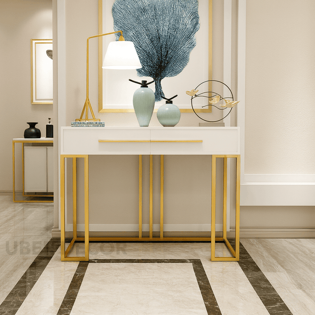 Montereau Luxe Modern Console Table – White Gloss Drawer Console with Gold Linear Base for Hallway & Living Room Elegance