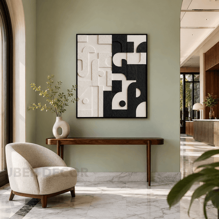 Monochrome Puzzle Japandi Wall Art – Geometric Relief Sculpture for Living Room, Foyer & Modern Interiors