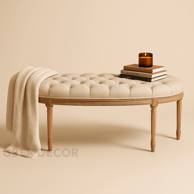 Bellevue Curve – Vintage French Half-Moon Tufted Bench | Elegant End-of-Bed or Entryway Accent for Classic and Contemporary Interiors