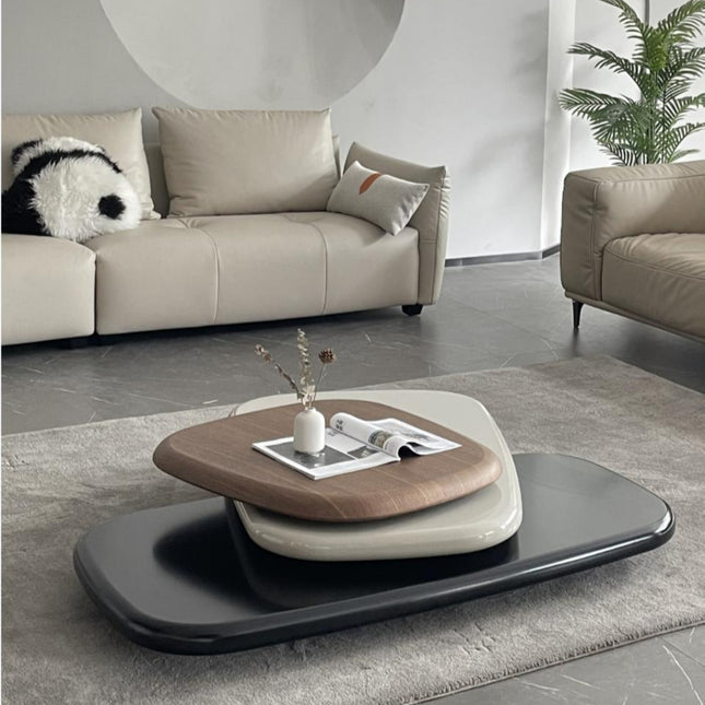 Missouri Layered Contemporary Mid Century Modern Coffee Table – Organic Three Tier Sculptural Design with Wood and Lacquered Surfaces – Artistic Centerpiece for Living Room