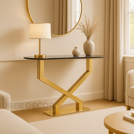 Astra Crossline Side or Console Table – Custom Black or White Marble Top with Gold X‑Frame Mid‑Century Glam For Hallway & Entryway