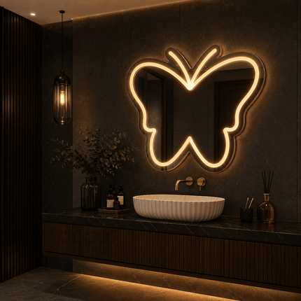 Delphine Butterfly Frameless Wall Hanging LED Mirror – Front Lit or Back Lit Statement Mirror for Bathroom & Vanity