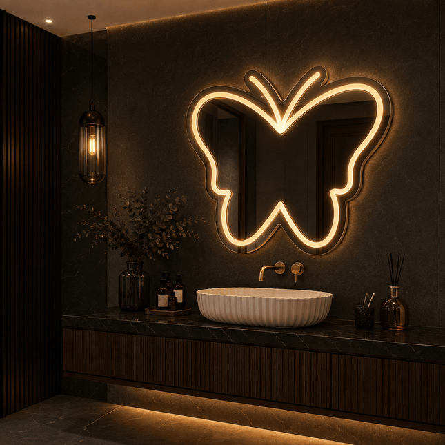 Delphine Butterfly Frameless Wall Hanging LED Mirror – Front Lit or Back Lit Statement Mirror for Bathroom & Vanity