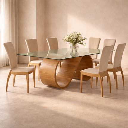 Timberly Dining Table with Tempered Glass Top and Solid Wood Sculptural Base Inspired by Warm Modern Homes and Elegant Dining Spaces