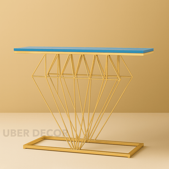 Auric Prism Display Table – Customizable Wooden Top with Sculptural Gold Geometric Base for Entryway & Hallway