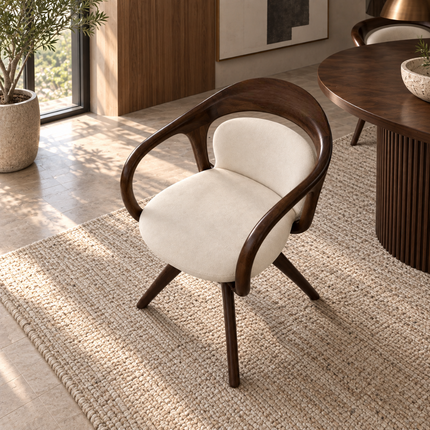 Calen Modern Teak Wood Swivel Armchair with Curved Back and Padded Seat for Dining Room