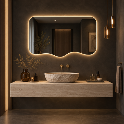 Vale Frameless Wavy LED Wall Mirror with Front or Back Lit for Powder Room and Modern Interiors