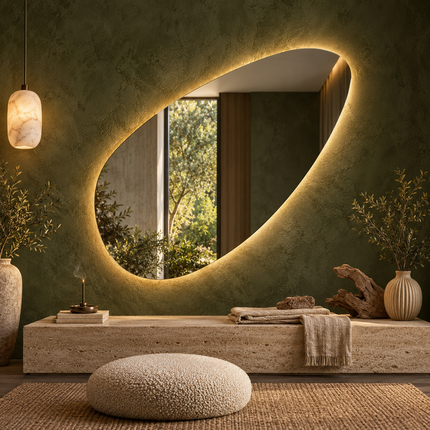 Angela Frameless Asymmetrical Irregular LED Wall Mirror – Front or Back Lit Vanity Mirror for Bathroom & Powder Room