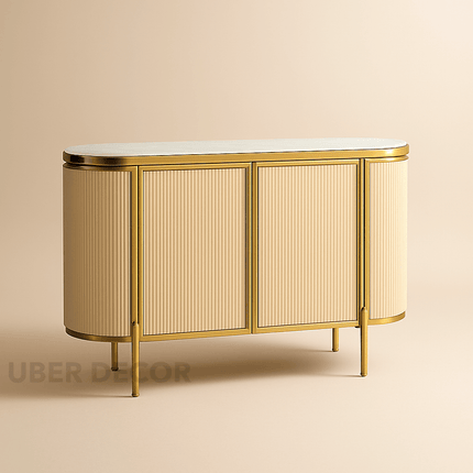 Odessa Entryway Table – Wood Cabinet with Gold Frame & Ribbed Doors Mid‑Century Modern Accent