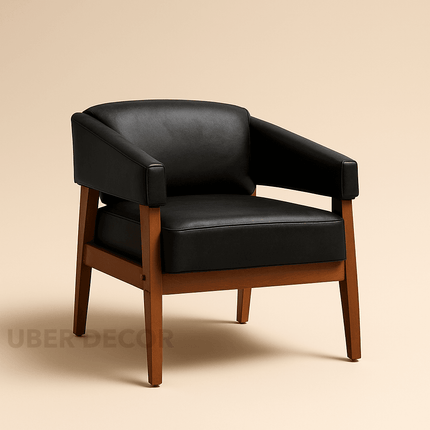 Irelis- Mid Century Leather Armchair with Tight Back, Seat Cushion and Solid Walnut Wood Legs