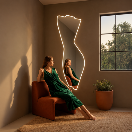 Silka Abstract Frameless LED Wall Hanging Mirror with Front or Back Lit for Bathroom Vanity and Modern Interiors