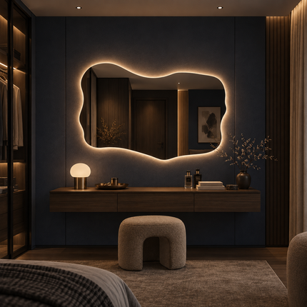 Elio Frameless LED Vanity Mirror with Wide Wavy Design Available in Front or Back Lit for Modern Interiors