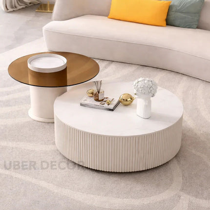 Tiber Oro Italian Luxury Round Coffee Table Tempered Glass Top High Gloss Finish Minimalist Centerpiece for Lounge and Living Suites
