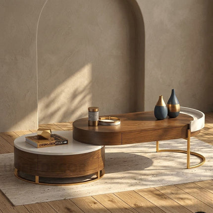 Churchill Wabi-Sabi River Japandi Coffee Table – Organic Wooden Center Table with Storage and Gold Accents for Living Room