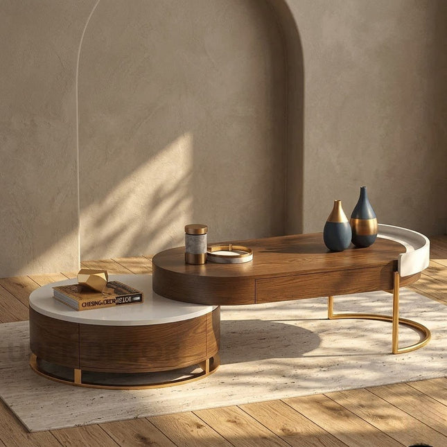 Churchill Wabi-Sabi River Japandi Coffee Table – Organic Wooden Center Table with Storage and Gold Accents for Living Room