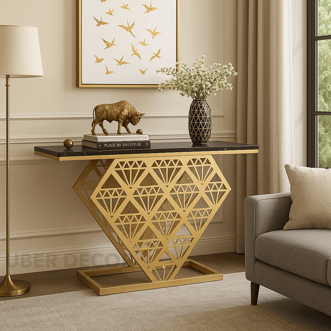 Zephyr Luxe Prism Console Table – Black Stone Top with Geometric Gold Metal Base Mid-Century For Modern Hallway & Entryway - Uber Decor