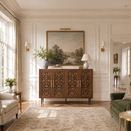 Aria Carve Mid Century Indian Solid Wood Cabinet – Handcrafted Floral Panels Ideal for Living Room, Dining Room & Entryway