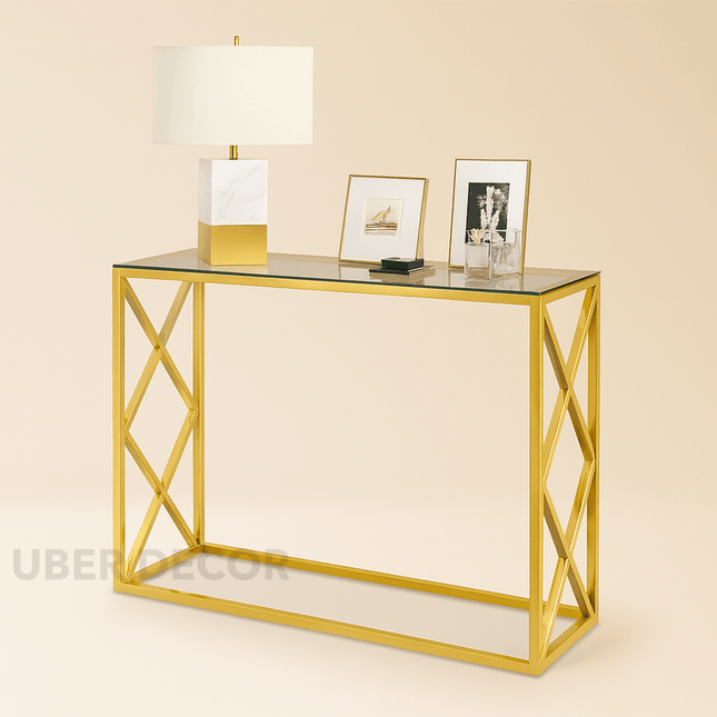 Stria Silk Mid‑Century Modern Display Table – Customizable Glass/Wood Top