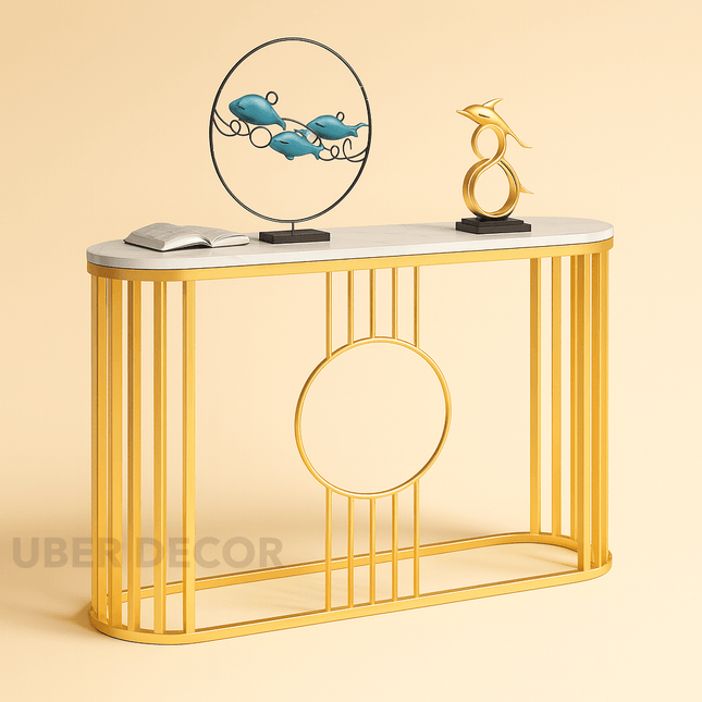 Astraform Console Table – Custom Marble Top with Gold Linear Frame Mid‑Century Modern Entryway Accent