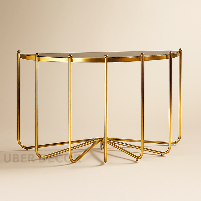 Lunelle Mid-Century Modern Console Table – Curved Glass Top with Sculptural Gold Silhouette for Entryway or Hallway