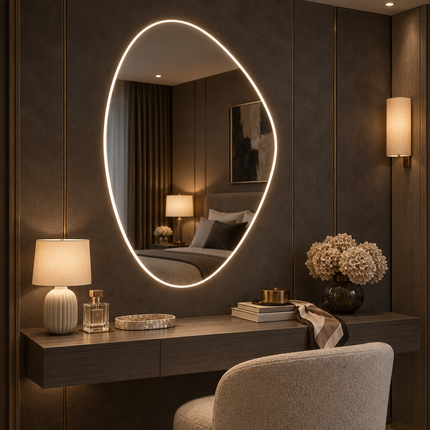Celia Pebble-Shaped LED Mirror – Frameless Wall Hanging Mirror with Front or Back Lit for Vanity & Bathroom