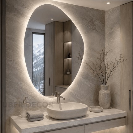 Celia Pebble-Shaped LED Mirror – Frameless Wall Hanging Mirror with Front or Back Lit for Vanity & Bathroom
