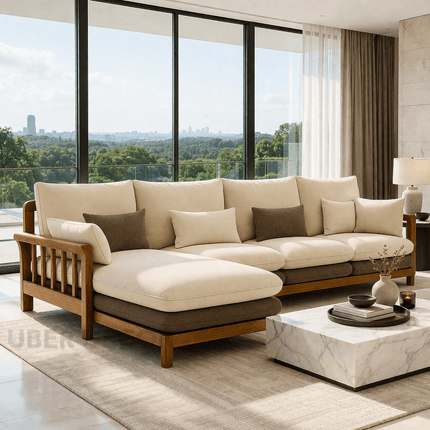 Duncan 4-Seater Japandi Style Wooden Frame L Shaped Sofa with Lounger for Living Room