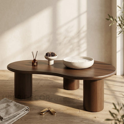 Amur Wabi-Sabi Organic Mid-Century Japandi Coffee Table – Freeform Solid Wood Top Cylindrical Legs for Living Room