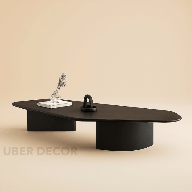 Volga Noir Modern Irregular Marble Coffee Table – Black Natural Stone Top with Matte Black Metal Base, for Living Rooms, Hotels, and Apartments