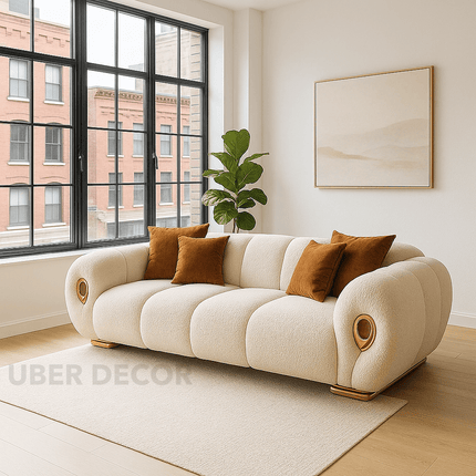 Marrakesh Rolled-Arm Sofa Modern Japandi Luxury Couch with Golden Accents