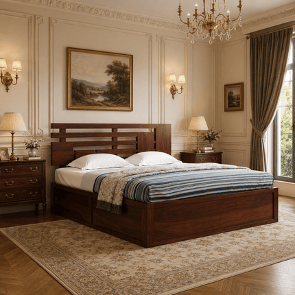 Woodline Storage Bed – Solid Wood Frame with Geometric Headboard