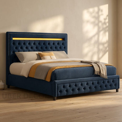 Tranquil Crest Tufted Bed – Plush Tufted Headboard with Integrated Lighting, Nailhead Trim and Matching Footboard Design