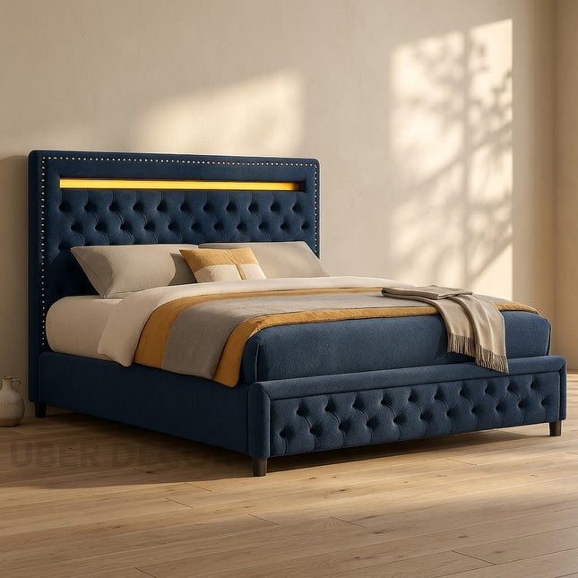 Tranquil Crest Tufted Bed – Plush Tufted Headboard with Integrated Lighting, Nailhead Trim and Matching Footboard Design