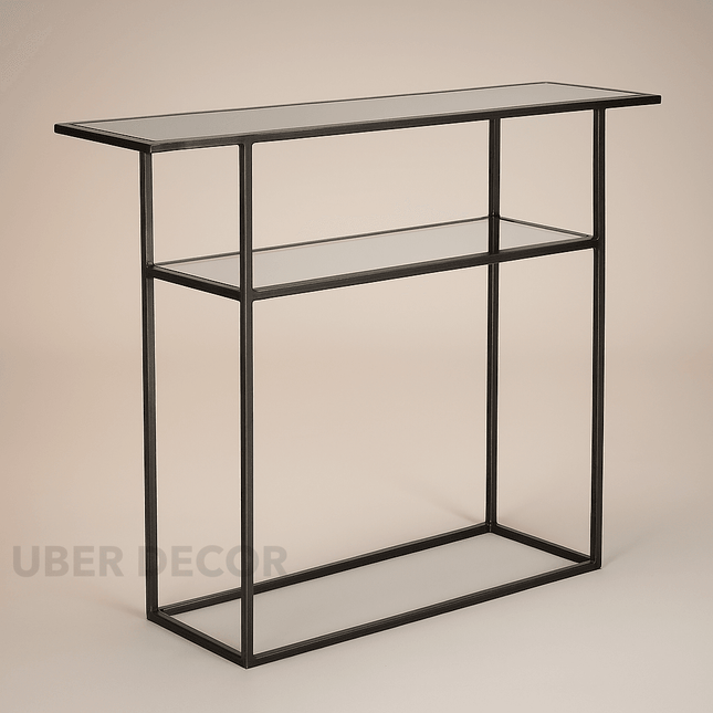 Slate Verge Industrial Chic Console Table – Clear Tempered Glass Top with Slim Matte Metal Frame for Entryway or Hallway
