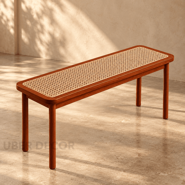 Vedra CaneCraft – Mid-Century Indian Inspired Bench with Rattan Top | Entryway Seating Furniture for Hallway, Lounge, or Restaurant Use