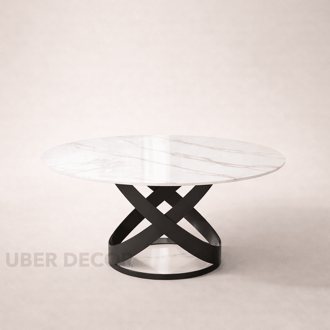 Axen Dining Table Sculptural X Base Design Mid Century Modern European Inspired Marble Top Dining Table with Carbon Steel Base for Dining Room