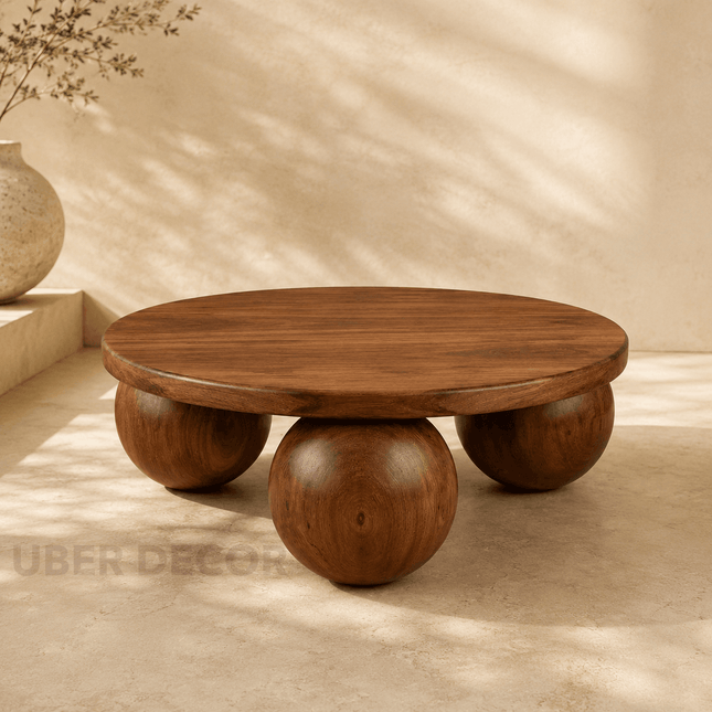Albany Mid Century Modern Japandi Coffee Table with Organic Freeform Wooden Top and Geometric Base for Living Room