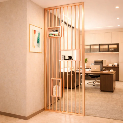 AMAYA Stainless Steel Vertical Slat Room Divider Room Partition With Display Shelves For Living Room Dining Area And Study Room