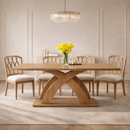 Aurelius Cross Rectangular Dining Table Mid Century Modern Architectural Design Solid Wood Pedestal Base Dining Table for Modern Homes