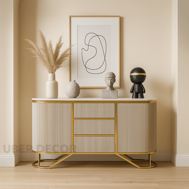 Marseille Entryway Table – Ribbed Cabinet with Gold PVD Frame Mid‑Century Modern Accent