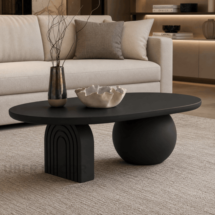 Magdalena Sculptural Mid Century Japandi Coffee Table with Organic Round Wooden Top and Sphere and Arched Block Legs