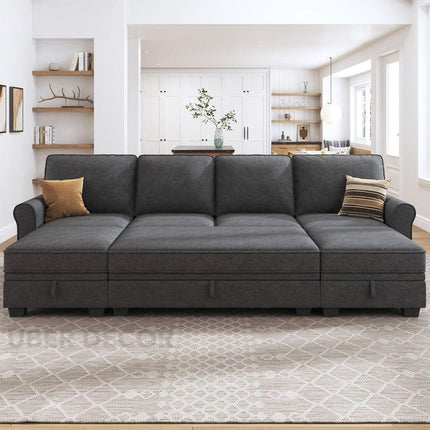 Capri Sleeper Sectional Sofa- 4 Seater Convertible Sofa Bed with Storage Seat for Living Room and Home Office, Dark Grey - Uber Decor