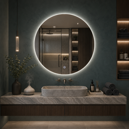 Reflecia Round Cirlce Design led mirror front or back lit  touch button frameless bathroom vanity mirror