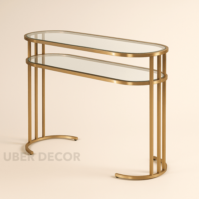 Elara Duo Side Table – Clear Glass Tops with Gold Stainless Steel Base for Living Rooms & Entryways