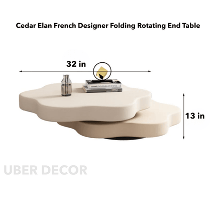 Cedar Elan French Designer Folding Rotating End Table – Matte Walnut Veneer with Brushed Brass Accents – Luxury Modern Side Table for Living Rooms and Apartments