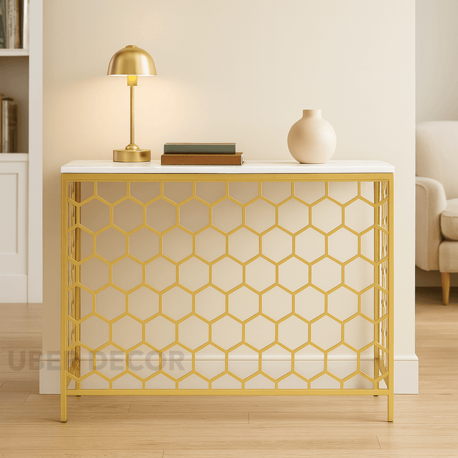 Honeycomb Luxe Entryway Console – Custom Top in Wood or Marble with Hexagonal Metal Frame Mid‑Century Glam Accent