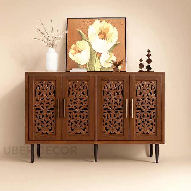 Aria Carve Mid Century Indian Solid Wood Cabinet – Handcrafted Floral Panels Ideal for Living Room, Dining Room & Entryway