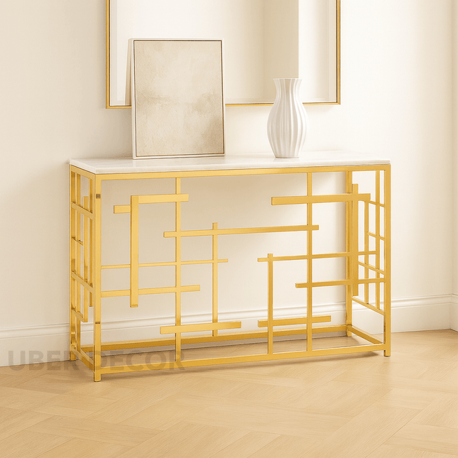 Radiant Lines Mid-Century Modern Display Table – Marble Top with Gold Metal Base for Entryway or Living Room